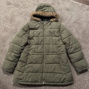 GAP Olive Green Puffer Jacket with Faux Fur Hood